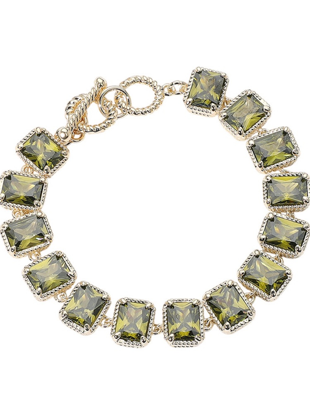 14K GP Olive Green Emerald Cut Stones Bracelet Toggle Closure
